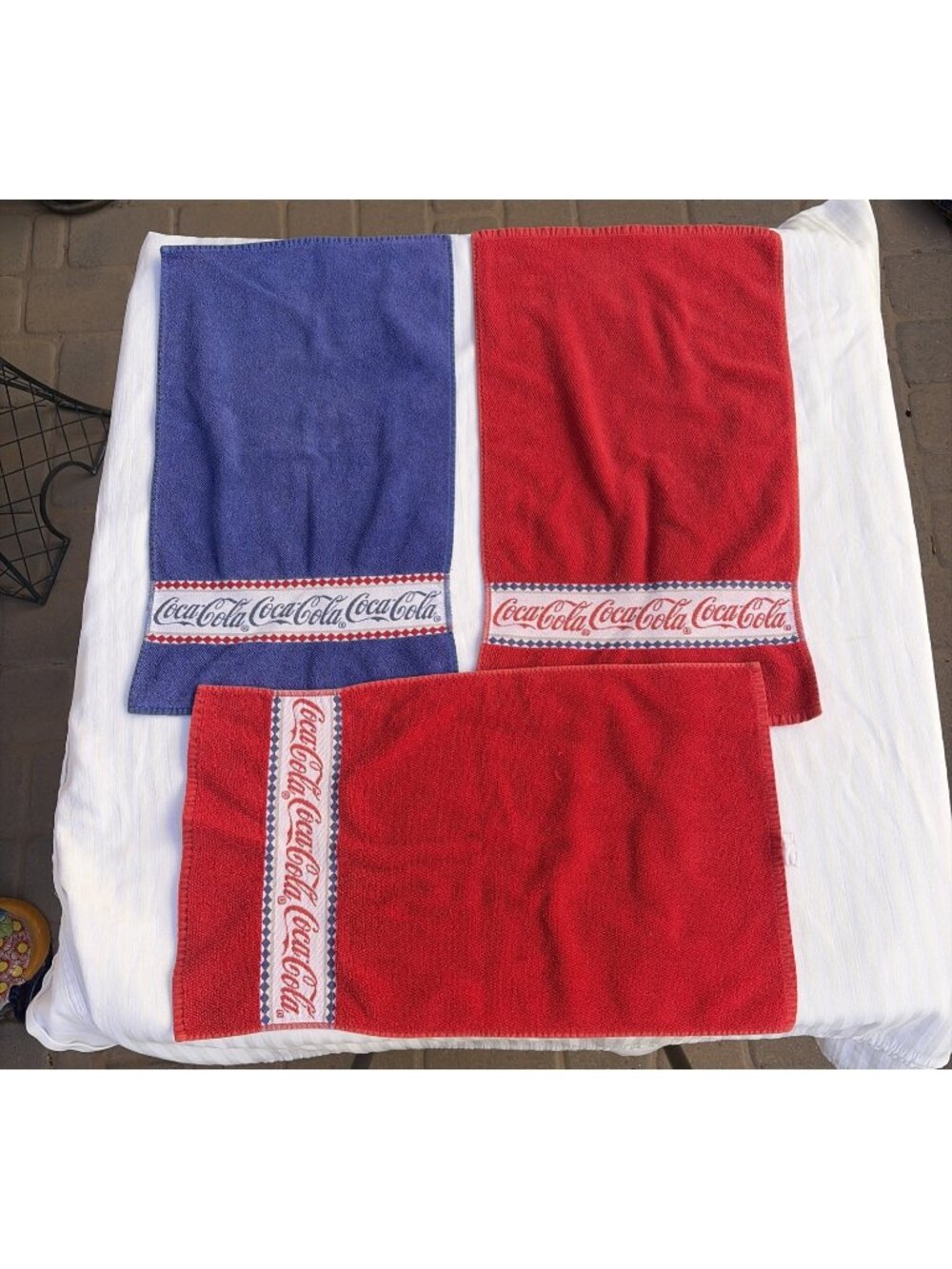 Vintage Coca-Cola Harlequin Diamond Terry Bar Towels Lot of 3 Red Blue 22x13.5